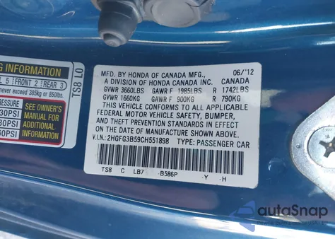2012 Honda Civic Lx from USA, damaged, VIN 2HGFG3B59CH551898